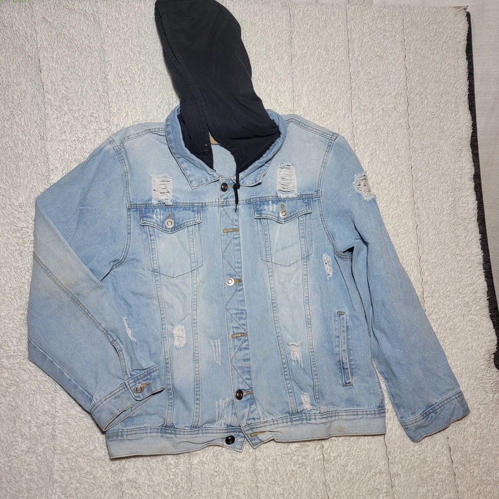 Kids Light Blue Distressed Denim Jacket with Black Hood